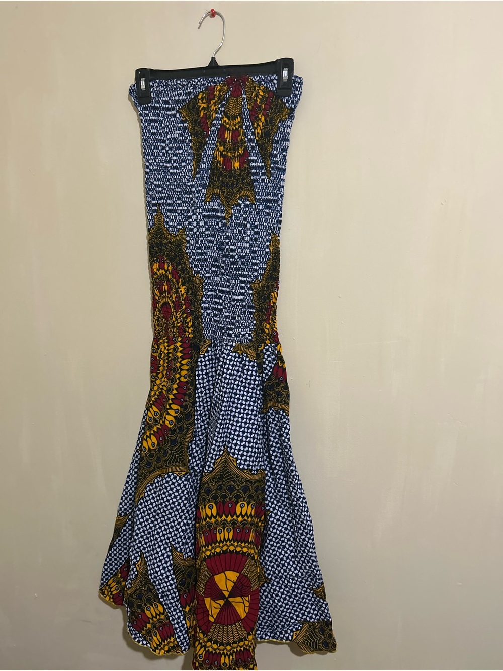 Blue Printed Strapless Mermaid Maxi Dress with Vibrant Accents